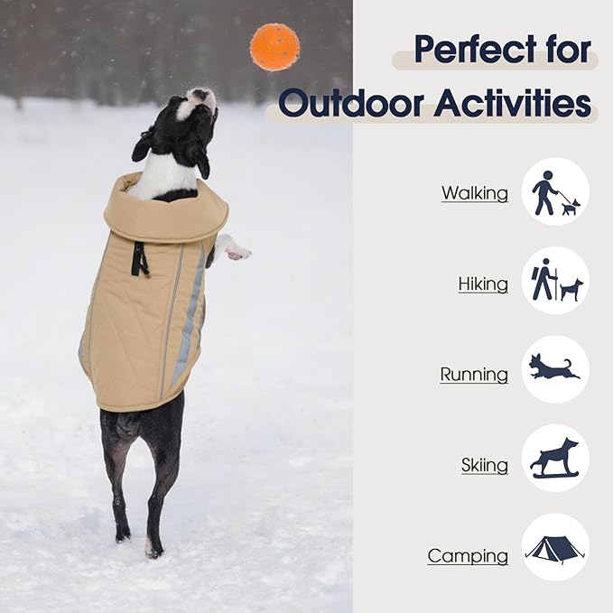 IECOii 5XL Warm Dog Jacket - Waterproof & Windproof, Reflective & Adjustable Coats for Dogs, Cozy Jackets with Fleece Lined for Indoor Outdoor, Khaki, Sizes XXXXXL