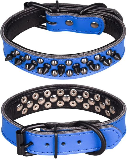 Adjustable Genuine Leather Spiked Studded Dog Collars for Small Medium Large Pets Like Pit Bull Bulldog Pugs Husky (M, Dark Blue1)