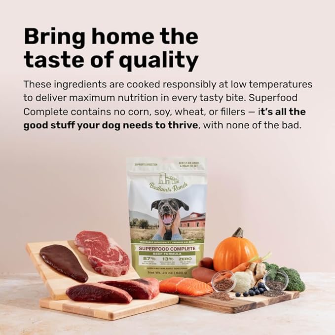 BADLANDS RANCH - Superfood Complete, Adult Dog Food, Air-Dried, High Protein, Zero Fillers, Superfood Nutrition by Katherine Heigl (24 oz., Beef Formula)