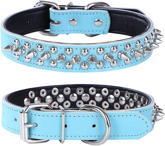 Adjustable Genuine Leather Spiked Studded Dog Collars for Small Medium Large Pets Like Pit Bull Bulldog Pugs Husky (L, Light Blue)