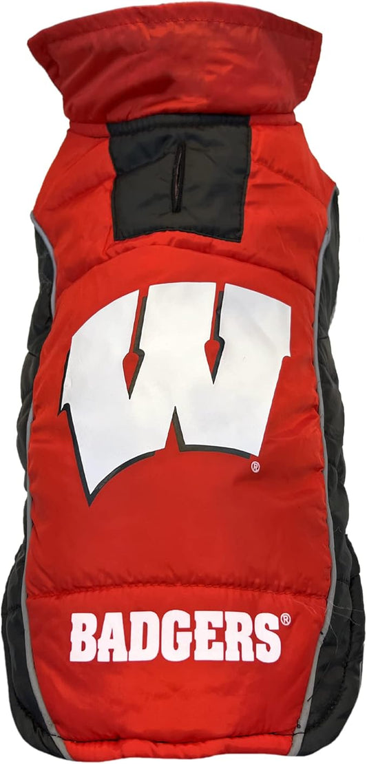 Pets First Collegiate Wisconsin Badgers Puffer Vest for Dogs & Cats. Size Medium. Warm, Cozy, and Waterproof Dog Coat, for Small and Large Dogs/Cats.