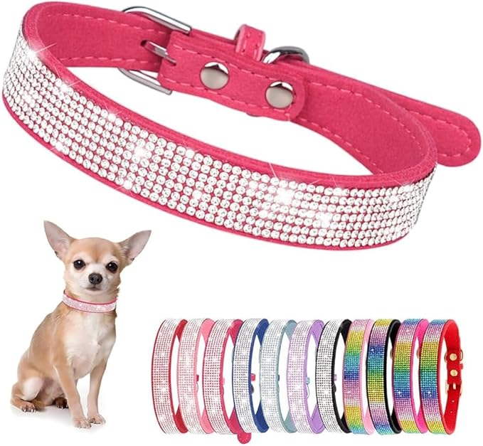 Serijoars Small Dog Collar with Rhinestone Crystal Diamond Colorful Bling Girl Puppy Cat Collars (S, Hot Pink)