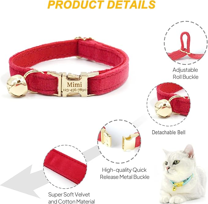 Personalized Cat Collar with Bells,Velvet Customized Small Cat Collar with Name Tag,Pet Collar with Name Phone Number Engraved ID Tags for Boy and Girl Kitten Cats (White Tea)