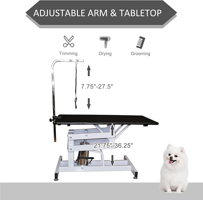 42.5" Hydraulic Dog Grooming Table for Large Dogs Heavy Duty Height Adjustable Dog Grooming Table with Overhead Arm & Noose Height Range 21-36 inch Pink