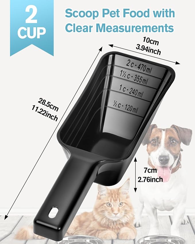 2 Cup Dog Food Scoop(2 Pack), Plastic Pet Food Scoop with Measuring Lines for Accurate Pet Food Portions,Dishwasher Safe (Black and Grey)