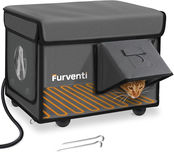 Outdoor Heated Cat House in Winter,Extremely Insulated & Weatherproof,Feral Cat Shelter with Waterproof Eaves & Escape Door for Outside Stray Barn Cat(Dark Grey,16.9"x12.6"x13.4")