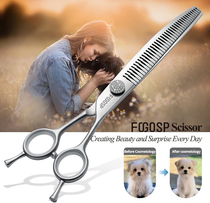 7.5'' Curved Chunkers Shears for Dog Grooming Professional Magic Grooming Scissors with Big Artificial Diamonds 35 Teeth for Large Dogs(7.5 in, Curved Chunkers)