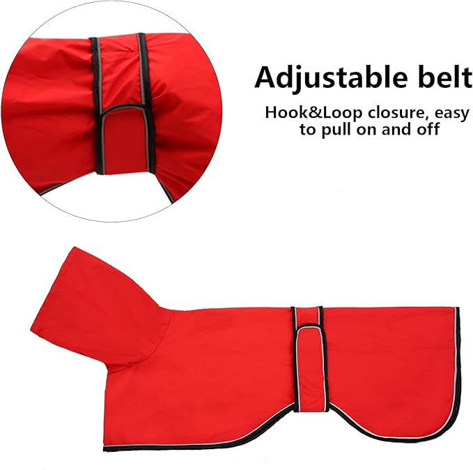 Dog Raincoat with Reflective Bar, Rain/Water Resistant, Adjustable Vest - Dog Raincoats for Greyhounds, Lurchers and Whippets - Red - XL