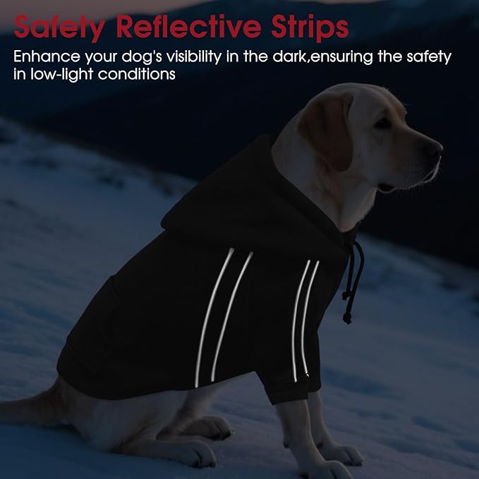 ASENKU Cozy Dog Hoodie，Soft Sweater with Adjustable Hood, Back Pocket and Leash Access Hole，Warm Reflective Sweatshirt for Cold Weather（Black，L