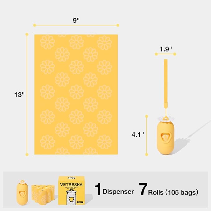 VETRESKA Dog Poop Bag Dispenser with Daisy Scented Waste Bags Leak-proof and Extra Thick Poop Bags for Dog Walking and Cat Litter 1 Holder and 105 Bags (7 Refill Rolls)
