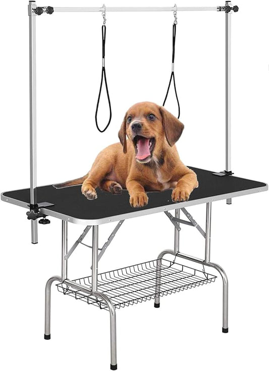 42" Dog Grooming Table Foldable Pet Grooming Tables with Adjustable Arm Noose Storage Mesh Tray Maximum Capacity Up to 330lbs Black