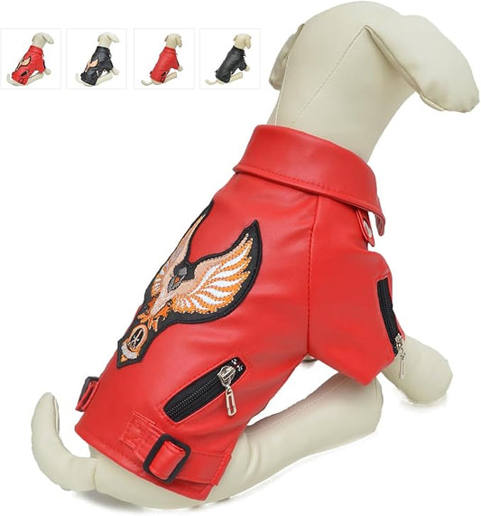 Lovelonglong Cool Dog Leather Jacket, Warm Coats Dogs Windproof Cold Weather Coats for Large Medium Small Dogs with Eagle Embroidery Red L-M