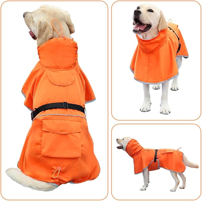 Reflective Dog Raincoat Waterproof Adjustable Dog Hooded Poncho Raincoat for Medium Large Dogs, Lightweight Pet Rain Jacket (Orange, 3XL)