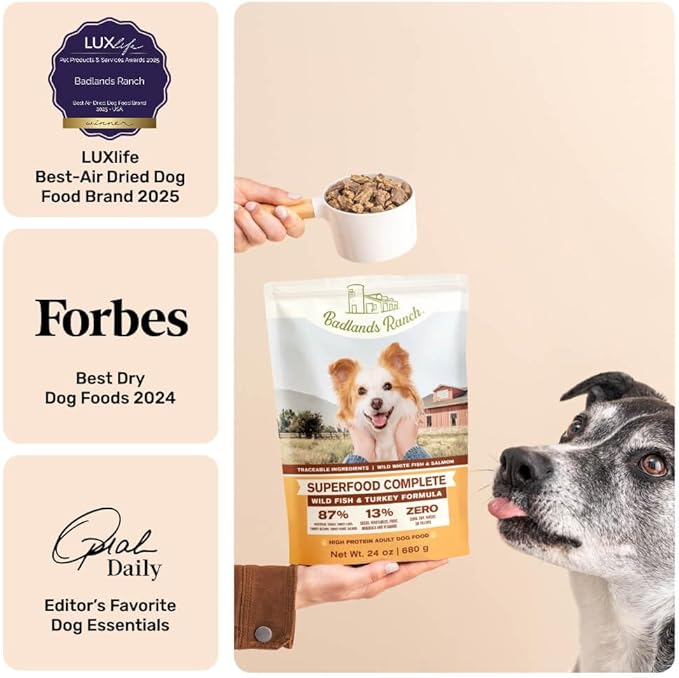 BADLANDS RANCH - Superfood Complete, Air-Dried Adult Dog Food - High Protein, Zero Fillers, Superfood Nutrition by Katherine Heigl (64 oz., Wild Fish and Turkey Formula)