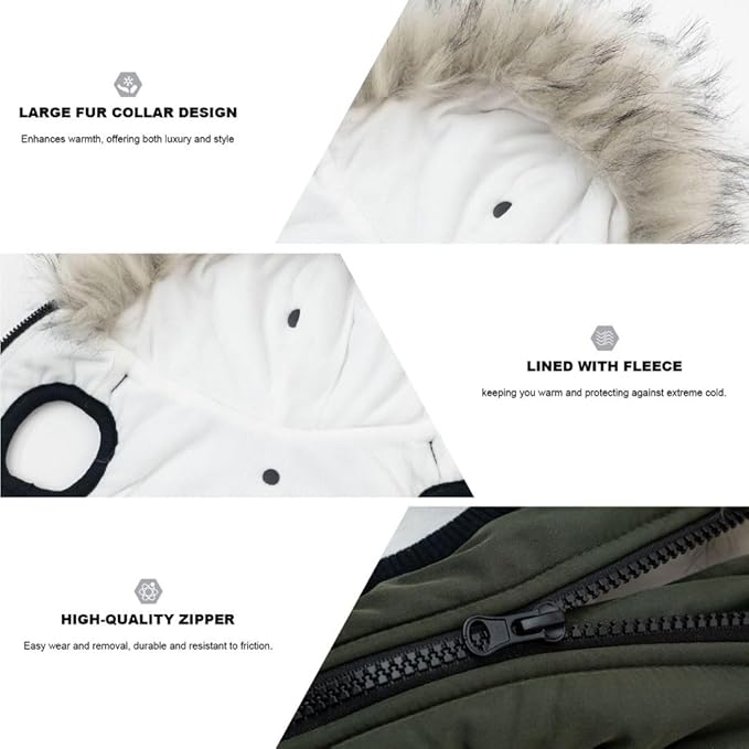PINA Dog Winter Coat - Waterproof Jacket with Faux Fur Hood, Reflective Strap for Small to Large Dogs, Green, 2XL