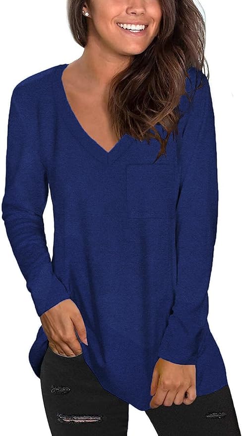 Tobrief Women's Long Sleeve V-Neck Shirts Fall Graphic Tees Loose Casual T-Shirt