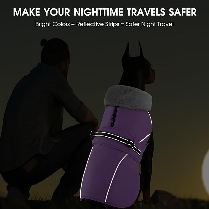 PETDSH Dog Coat Large, Windproof Dog Jacket with Warm Fleece Lining, Thickened Collar Dogs Winter Coat, Adjustable Reflective Pet Coats for Cold Weather (Purple, XXX-Large)