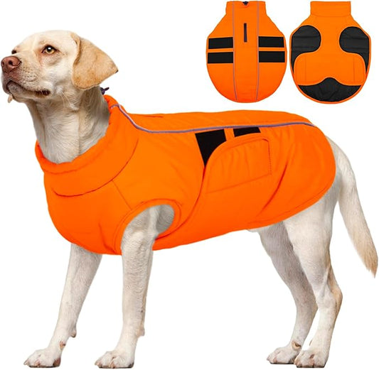 Kuoser Large Dog Coat, Winter Waterproof Dog Jackets for Large Dogs, Reflective Doggie Vest with Leash Hole, Cold Weather Coats Pet Snow Jacket for Labrador Beagle, Orange XXL