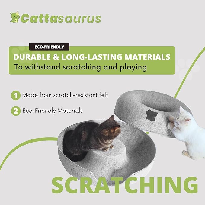 Cattasaurus Peekaboo Cat Cave, Extra Spacious for Multiple & Large Cats 12+ lbs, Scratch Detachable Beds for Indoor Cats, Washable Tunnel Bed, Comfy Cat Donut Tunnel (Light Gray+Light Gray, Jumbo)