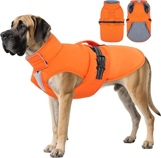 IECOii Warm Dog Jacket - Reflective & Adjustable Winter Vest, Windproof & Waterproof & Warm Fleece Coat for Great Dane, Snow & Rain Walking, Skiing, Orange, Size 5XL