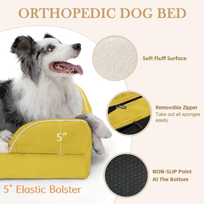 Comfort Expression Orthopedic Dog Bed for Extra Large Dogs 42x30 Inch, Waterproof Egg Crate Foam XL Pet Bed with Removable Bolsters, Dog Couch with Washable Cover & Non-Slip Bottom, Spicy Mustard