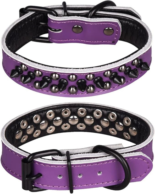 Adjustable Genuine Leather Spiked Studded Dog Collars for Small Medium Large Pets Like Pit Bull Bulldog Pugs Husky (S, Purple1)