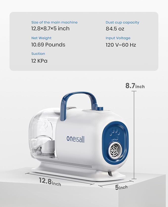 oneisall Dog Vacuum & Dryer for Shedding Grooming, 8 in 1 Dog Grooming Kit with Metal Blade Pet Clippers, Adjustable Speed and Temperature Control Blower