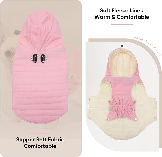 Fleece Lining Dog Hoodie with Harness Built in,Extra Warm Small Dog Jacket in Winter Puppy Coats with Drawstring Hooded,Light Pink S