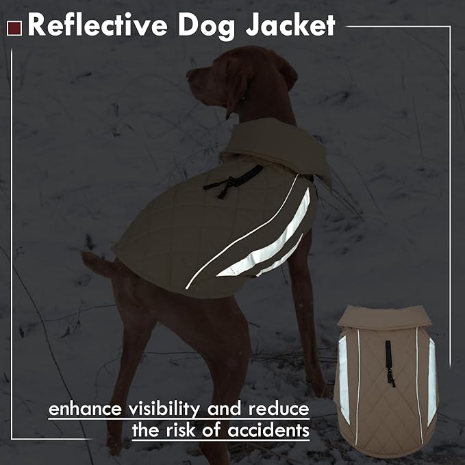 Dog Coats for Medium Dogs Waterproof Warm Winter Jacket with Leash Hole Reflective Turtleneck Fleece Snowsuit Hook & Loop Snow Jackets for Dogs, Khaki M