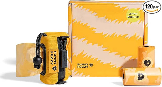 FUNNY FUZZY Dog Poop Bag Holder with Tear-Resistant, Leakproof Waste Bags Made with EPI Material – Easy to Use for Walks or Travel, Lemon Scented, 1 Dispenser + 120 Count