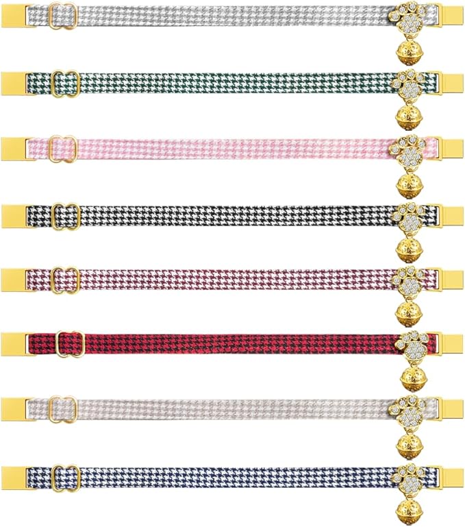 Personalized Breakaway Cat Collars - Magnetic Buckle, Bell - Safety Quick Release, Customized for Girls & Boys Cats- (Houndstooth-Grey)