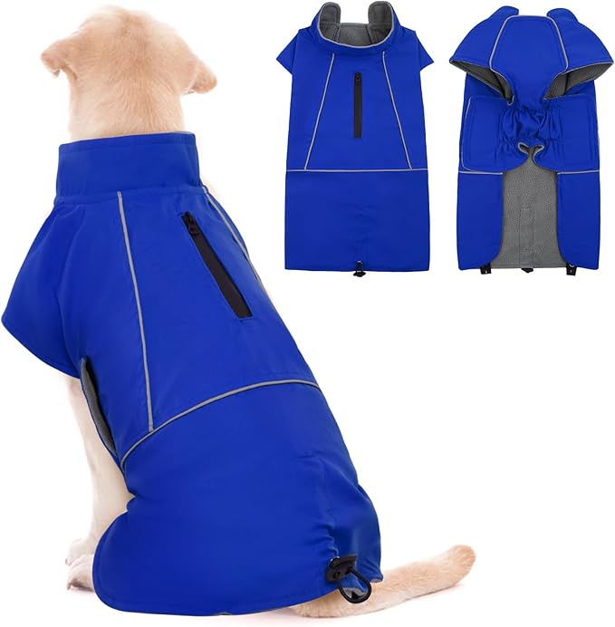 ROZKITCH Great Dane Clothes, Waterproof Dog Rain Jacket with Fleece Liner and Leash Hole Reflective Strip for Extra Large Dog, Windproof Adjustable Poncho Vest for Outdoor Hiking Travel Blue 3XL
