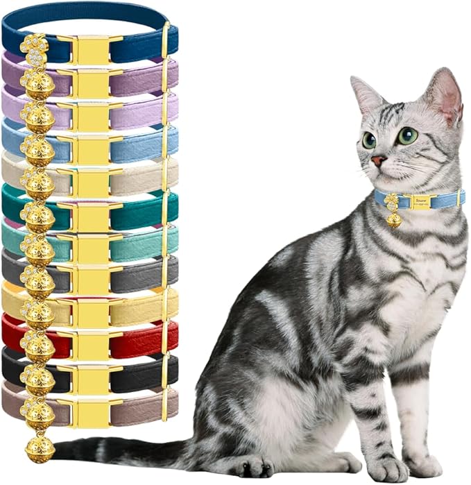 Personalized Breakaway Cat Collars - Magnetic Buckle, Bell - Safety Quick Release, Customized for Girls & Boys Cats- (Velvet-Sky Blue)