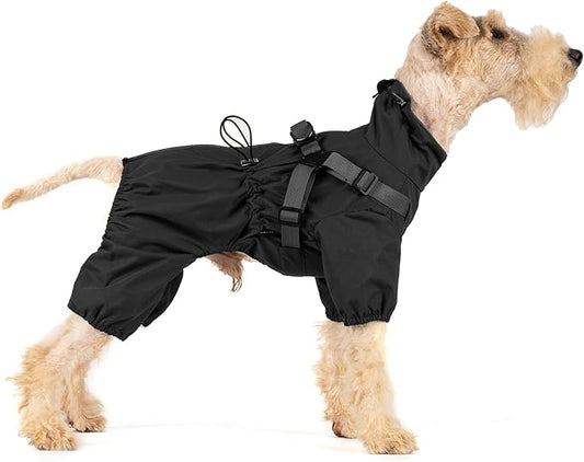 Mile High Life Waterproof Dog Raincoat, Full Coverage Small Dog Rain Coat with Harness, Adjustable 4 Legs Puppy Rain Jacket with Reflective Strip and Elastic Cuffs (Black, L Back Length 16.1")