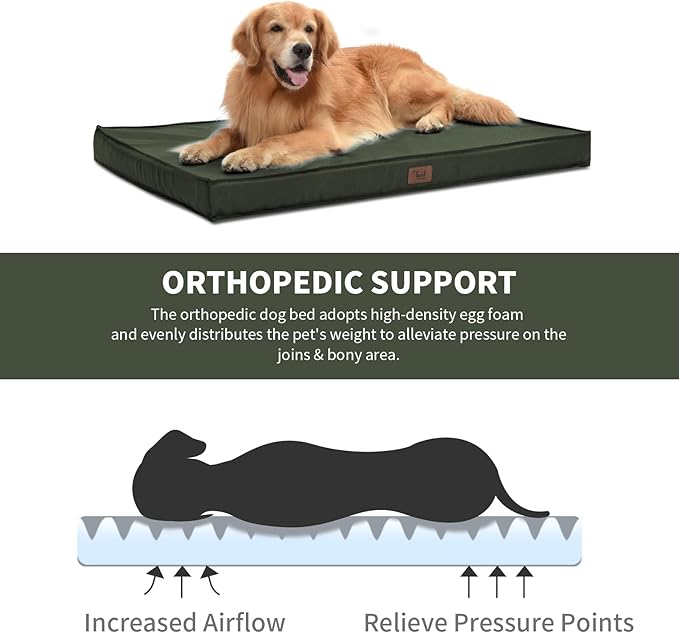 Outdoor Large Washable Dog Bed, Orthopedic Egg Crate Foam Dog Crate Mat for Large Dogs with Removable Oxford Cooling Cover, Dark Green