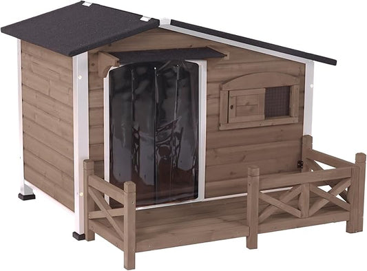 GUTINNEEN Outdoor Wooden Dog House with Metal Frame, Porch and Ventilation Window, Weatherproof Shelter for Small to Medium Dogs, 44.6" L x 41.1" W x 32.9" H (Dark Brown)