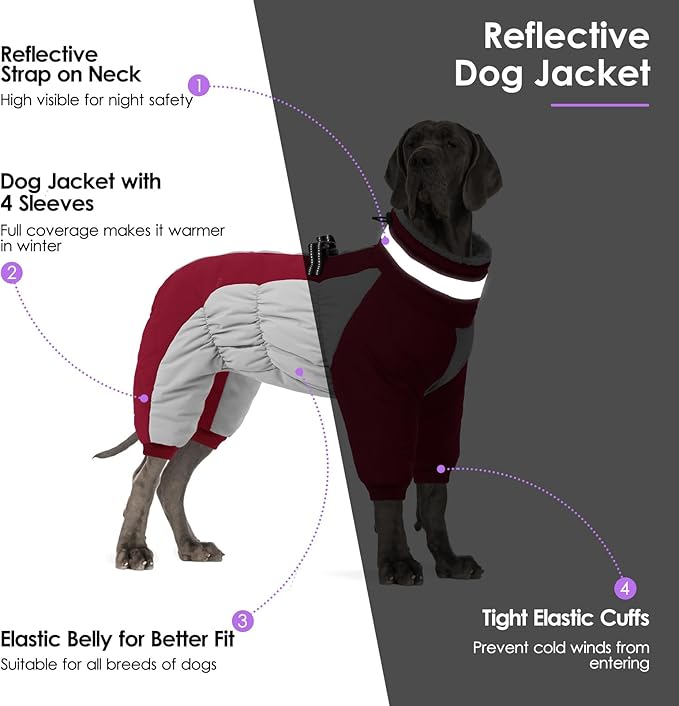 SUNFURA Full Body Dog Coat - Warm Fleece Jacket for Large Dogs, Turtleneck Winter Coats with Harness, Reflective Windproof Dog Snowsuit with Legs for Labrador,Golden Retriever, Burgundy 2XL