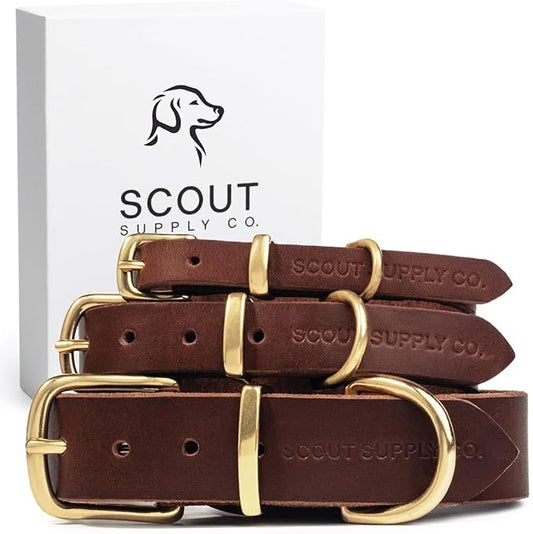 Scout Supply Classic Leather Dog Collar | Heavy Duty Thick Full Grain Leather | Waterproof & Rust-Proof Brass Hardware (Dark Brown, Large)