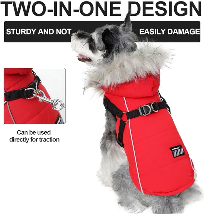PINA Winter Coat - Dog Jacket with Waterproof Fabric, Warm Faux Fur Hood, Reflective Strap - Red, XL