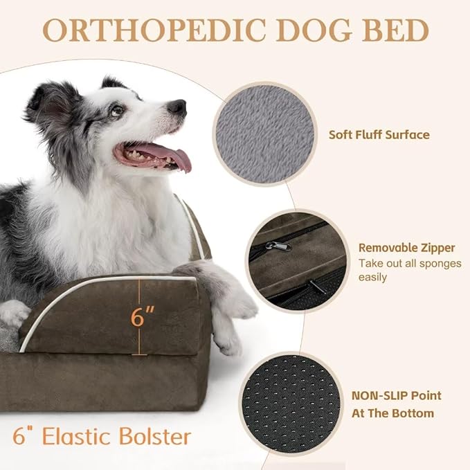 Comfort Expression Orthopedic Dog Bed for Extra Large Dogs 45x35 Inch, Waterproof Egg Crate Foam XL Pet Bed with Removable Bolsters, Dog Couch with Washable Cover & Non-Slip Bottom, Grey Green