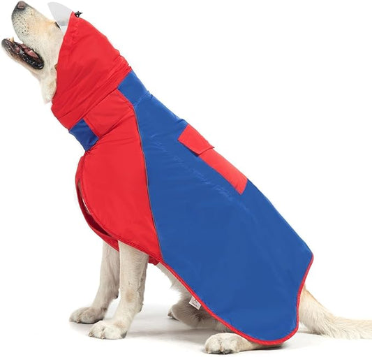 BINGPET Adjustable Dog Rain Jacket, Waterproof, Snowproof, Windproof - Reflective Striped Clear Hooded Slicker Poncho (Red-Blue, L)