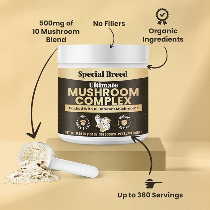 Mushroom Powder for Dogs & Cats - Organic Mushroom Complex for Immunity Support, Immune Function, Cognition, Vitality - Ten Mushroom Supplement with Turkey Tail, Lion's Mane, Reishi - 360 Scoops