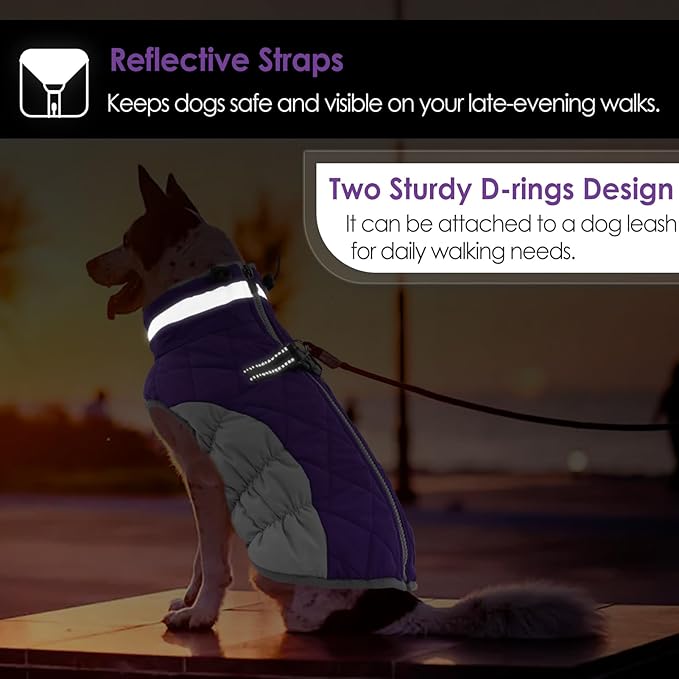 AOFITEE Dog Coat, Warm Dog Winter Coat, Reflective Cold Weather Dogs Puffer Jacket with Harness Built in, Waterproof Pet Fleece Vest Snowsuit for Small Medium Large Dogs, Purple L