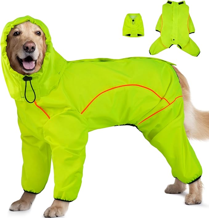 Dog Raincoat, Waterproof Dog Rain Jacket with Removable Hood，Adjustable 4 Legs Pet Poncho with Leash Hole，Reflective Stripe Hooded Snowproof Windproof Clothes for Small to 3X-Large Dogs, S