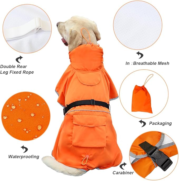 Reflective Dog Raincoat Waterproof Adjustable Dog Hooded Poncho Raincoat for Medium Large Dogs, Lightweight Pet Rain Jacket (Orange, 3XL)