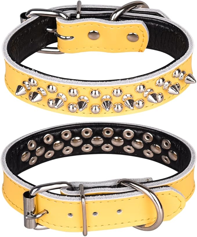 Adjustable Genuine Leather Spiked Studded Dog Collars for Small Medium Large Pets Like Pit Bull Bulldog Pugs Husky (S, Yellow)