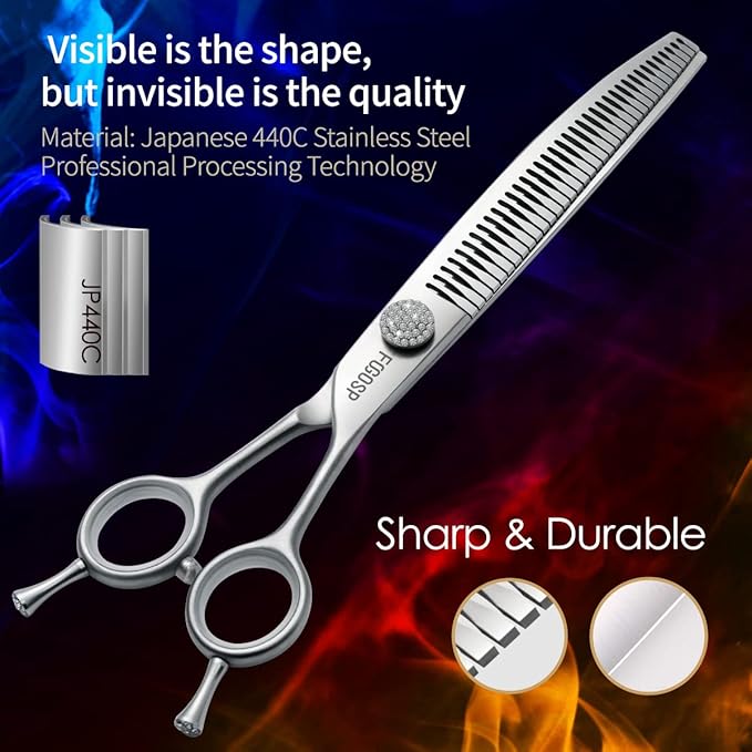 7.5'' Curved Chunkers Shears for Dog Grooming Professional Magic Grooming Scissors with Big Artificial Diamonds 35 Teeth for Large Dogs(7.5 in, Curved Chunkers)