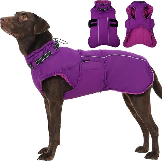 Dog Winter Coat with Harness, Warm Dog Jackets for Large Dogs Waterproof, Adjustable Hook&Loop Reflective Snowsuit, Cold Weather Coats for Dogs Labrador Doberman, XXXL Purple