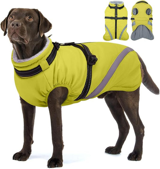 BRKURLEG Dog Winter Jackets for Large Dogs, Dog Coat with Harness Built in, Dogs Snowsuits with Zipper, Waterproof Windproof Pet Puffer Jacket Fleece Vest for Labrador, Dalmatian, Green XXL