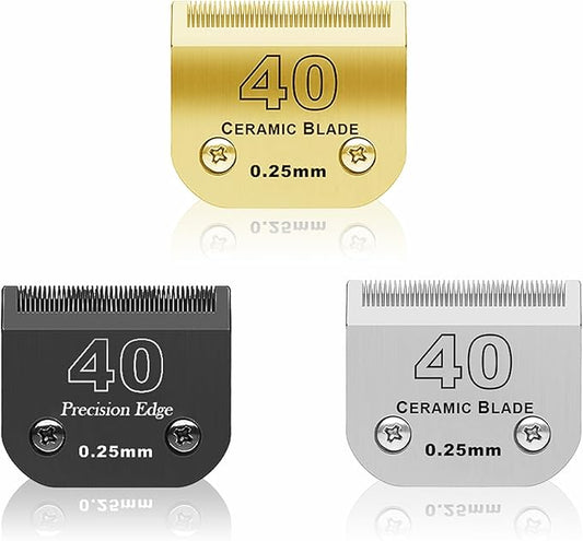 3 Color 40# Detachable Pet Dog Grooming Ceramic Blades,Compatible with Andis,Oster A5,Wahl KM-10 Series,Size #40 Blade 1/100-Inch 0.25MM Cut Length（Silver+Black+Golden）